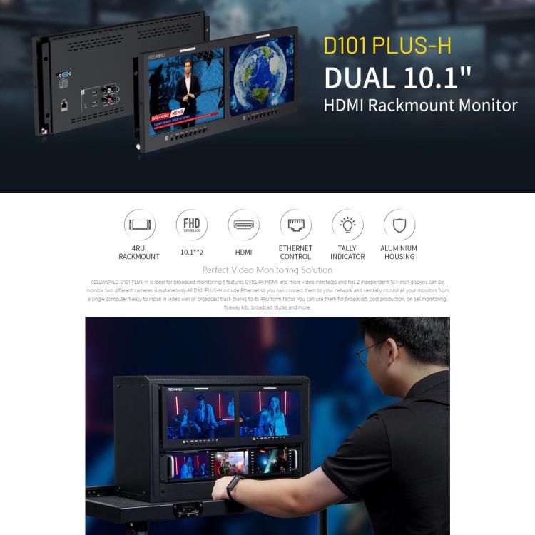 FEELWORLD D101 PLUS-H Dual 10.1 inch 4RU Rackmount Monitor 4K HDMI-compatible CVBS 1920x1200 IPS Screen, Plug:AU Plug - Black