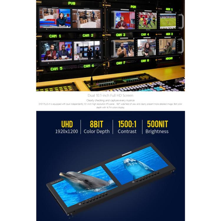 FEELWORLD D101 PLUS-H Dual 10.1 inch 4RU Rackmount Monitor 4K HDMI-compatible CVBS 1920x1200 IPS Screen, Plug:EU Plug - Black