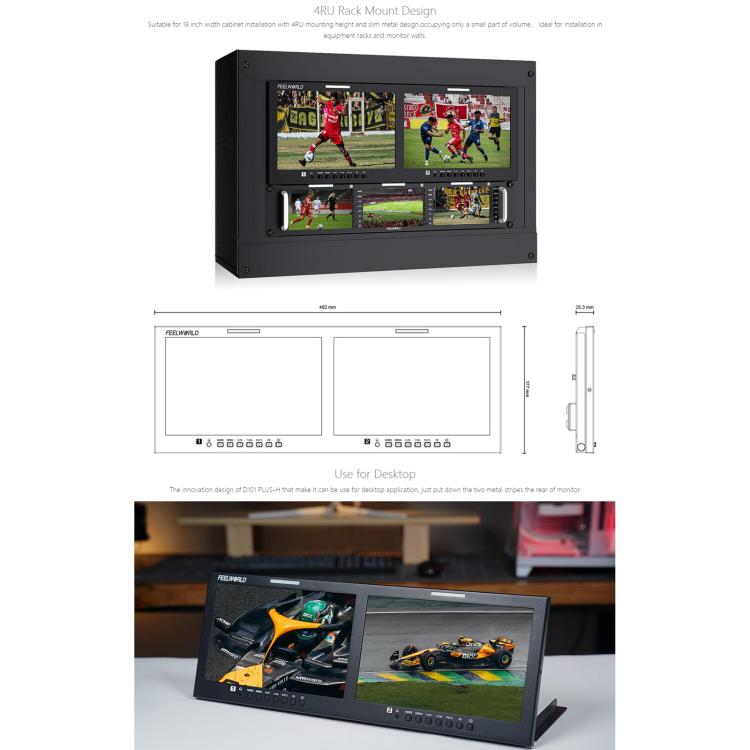 FEELWORLD D101 PLUS-H Dual 10.1 inch 4RU Rackmount Monitor 4K HDMI-compatible CVBS 1920x1200 IPS Screen, Plug:US Plug - Black