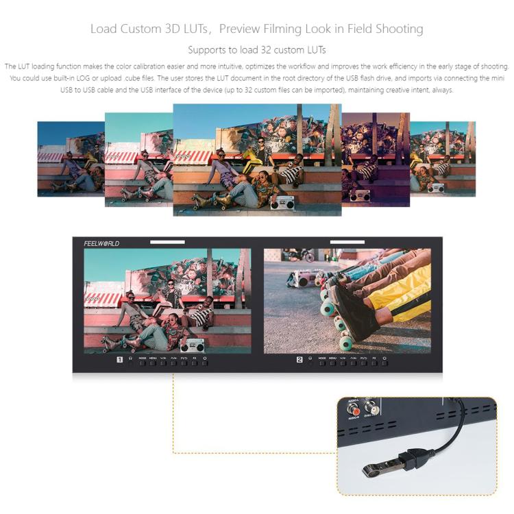 FEELWORLD D101 PLUS-H Dual 10.1 inch 4RU Rackmount Monitor 4K HDMI-compatible CVBS 1920x1200 IPS Screen, Plug:US Plug - Black