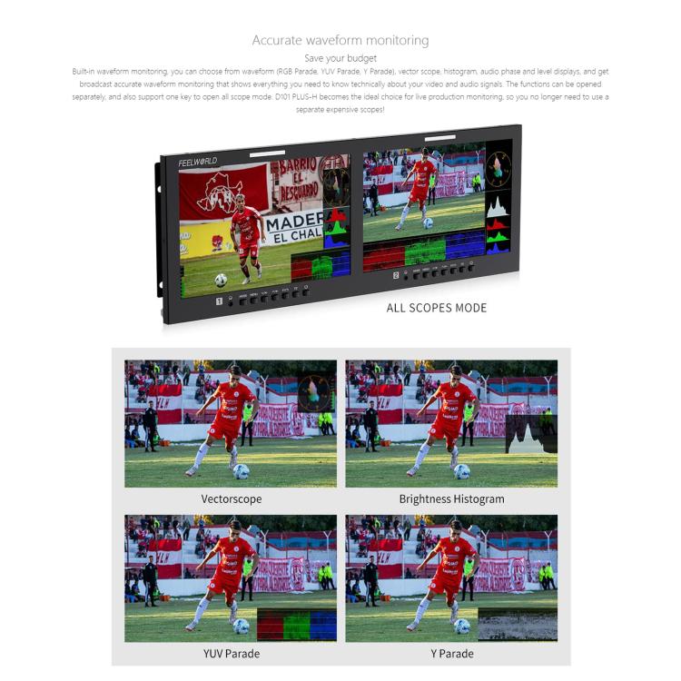 FEELWORLD D101 PLUS-H Dual 10.1 inch 4RU Rackmount Monitor 4K HDMI-compatible CVBS 1920x1200 IPS Screen, Plug:US Plug - Black