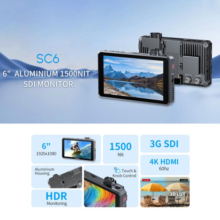 FEELWORLD SC6 6-inch 1500nit High Brightness Aluminium Filed Camera Video Monitor 3G SDI 4K HDMI-compatible 60Hz 1920 x 1080 IPS Screen - Black