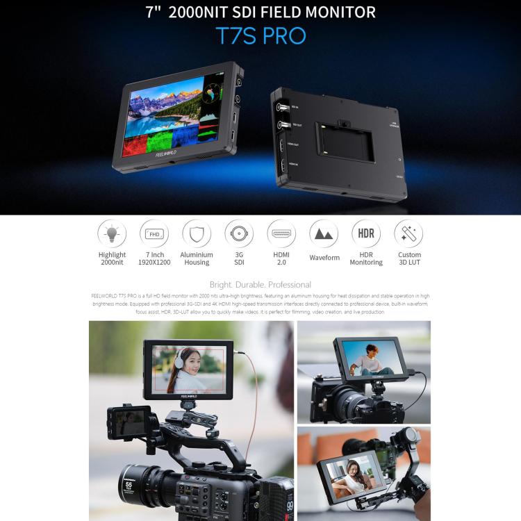 FEELWORLD T7S Pro 7-inch 2000nit High Brightness Filed Camera Video Monitor 3G SDI 4K 60Hz HDMI-compatible 1920 x 1200 IPS Screen - Black