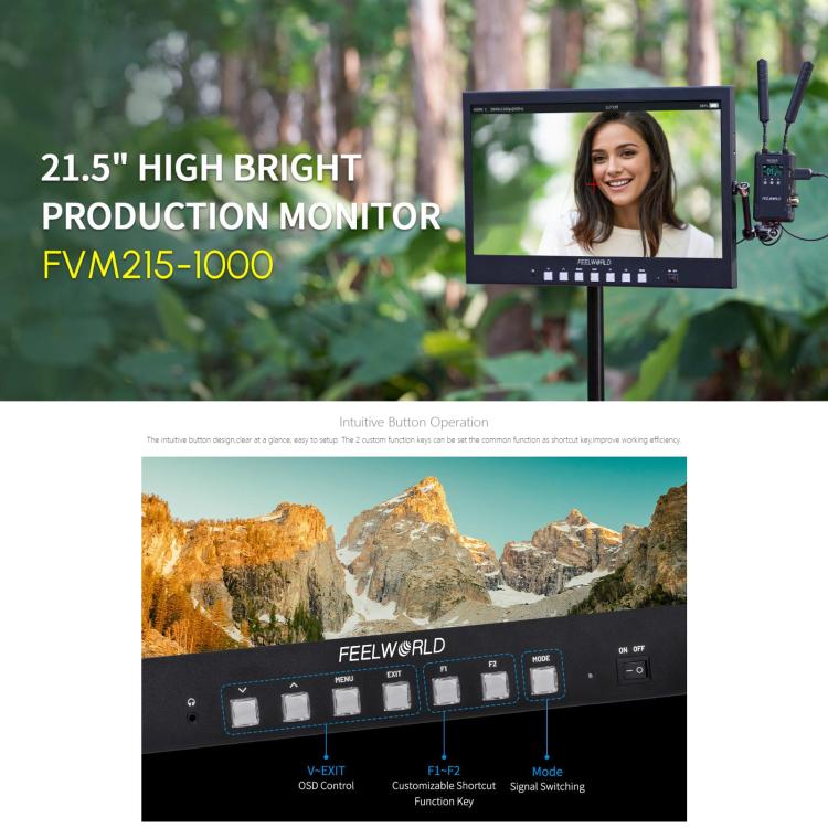 FEELWORLD FVM215-1000 21.5-inch Professional Production Broadcast Monitor High Brightness 1000nit Full HD IPS 4K 60Hz HDMI-compatible 3G-SDI Screen, UK Plug - Black