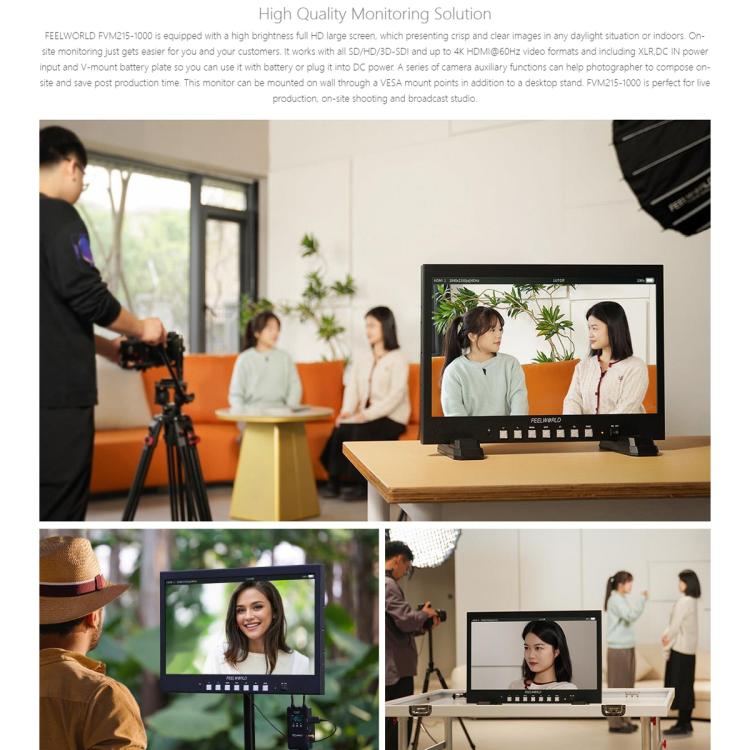 FEELWORLD FVM215-1000 21.5-inch Professional Production Broadcast Monitor High Brightness 1000nit Full HD IPS 4K 60Hz HDMI-compatible 3G-SDI Screen, US Plug - Black