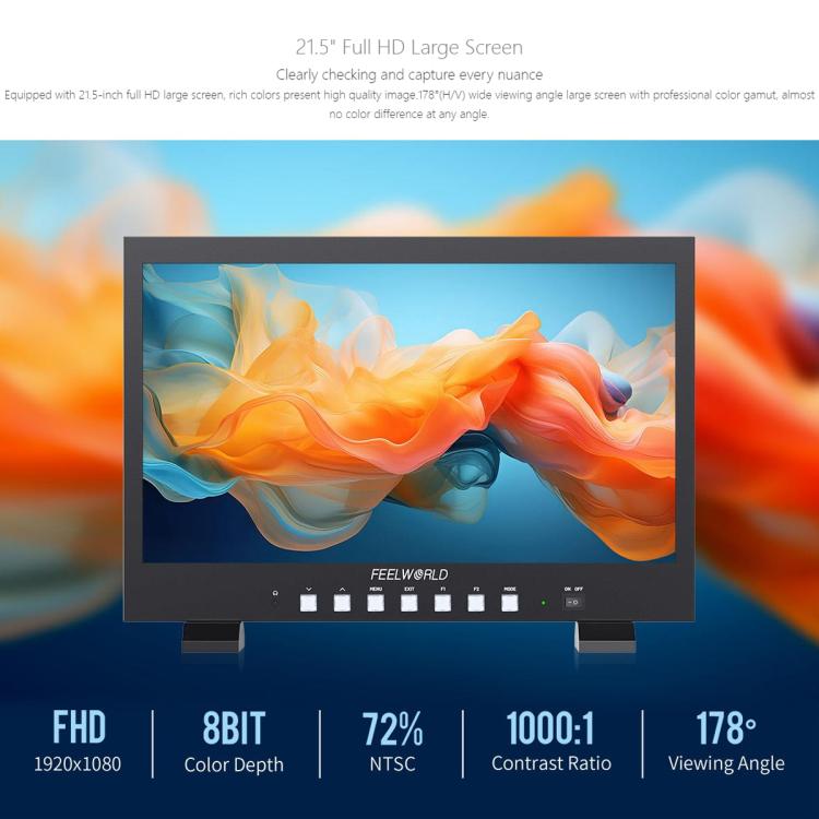 FEELWORLD FVM215-1000 21.5-inch Professional Production Broadcast Monitor High Brightness 1000nit Full HD IPS 4K 60Hz HDMI-compatible 3G-SDI Screen, UK Plug - Black