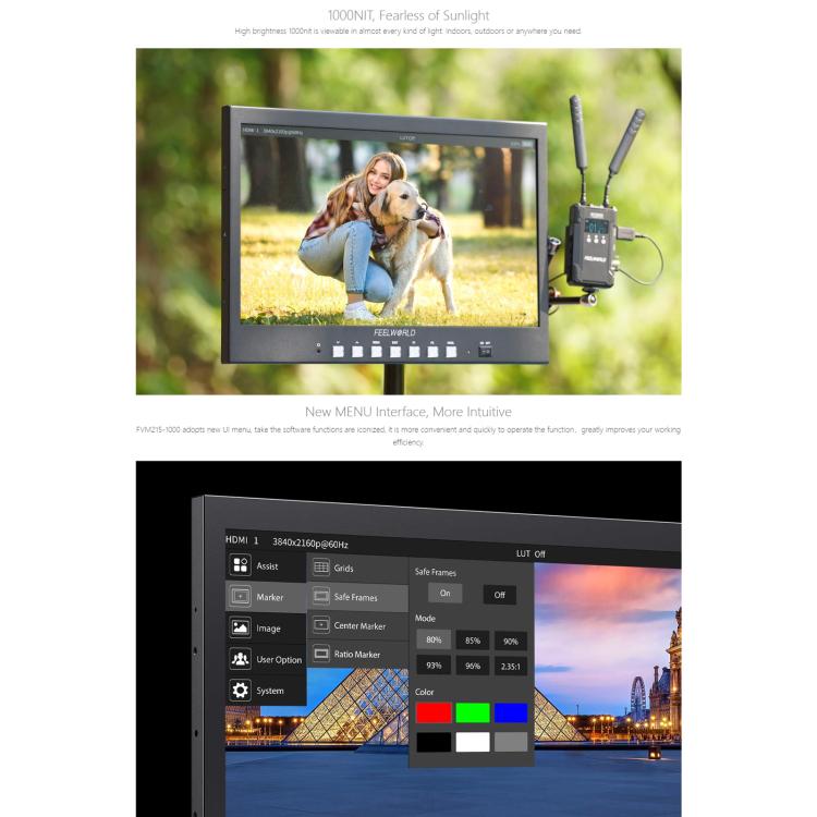 FEELWORLD FVM215-1000 21.5-inch Professional Production Broadcast Monitor High Brightness 1000nit Full HD IPS 4K 60Hz HDMI-compatible 3G-SDI Screen, UK Plug - Black
