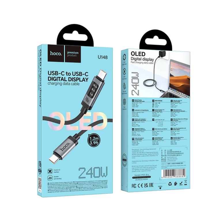 hoco U148 Lord 240W Digital Display Type-C to Type-C Fast Charging Data Cable, Length: 1.2m - Black