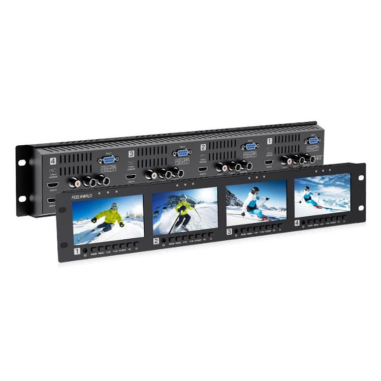 FEELWORLD Q41 Quad 4.5 inch 2RU Rackmount Monitor 3G-SDI 4K HDMI-compatible AV Input and Output, US Plug - Black