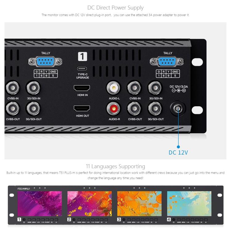 FEELWORLD Q41 Quad 4.5 inch 2RU Rackmount Monitor 3G-SDI 4K HDMI-compatible AV Input and Output, UK Plug - Black