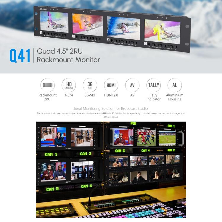 FEELWORLD Q41 Quad 4.5 inch 2RU Rackmount Monitor 3G-SDI 4K HDMI-compatible AV Input and Output, AU Plug - Black
