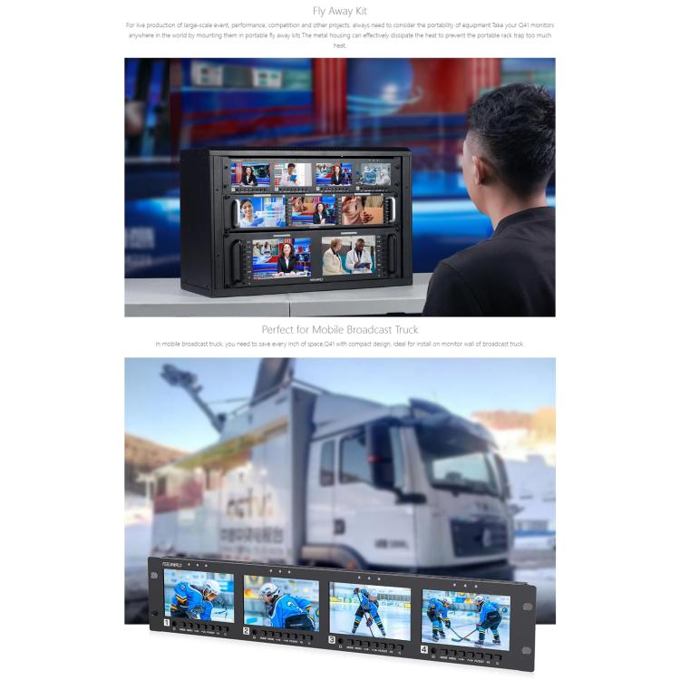 FEELWORLD Q41 Quad 4.5 inch 2RU Rackmount Monitor 3G-SDI 4K HDMI-compatible AV Input and Output, US Plug - Black