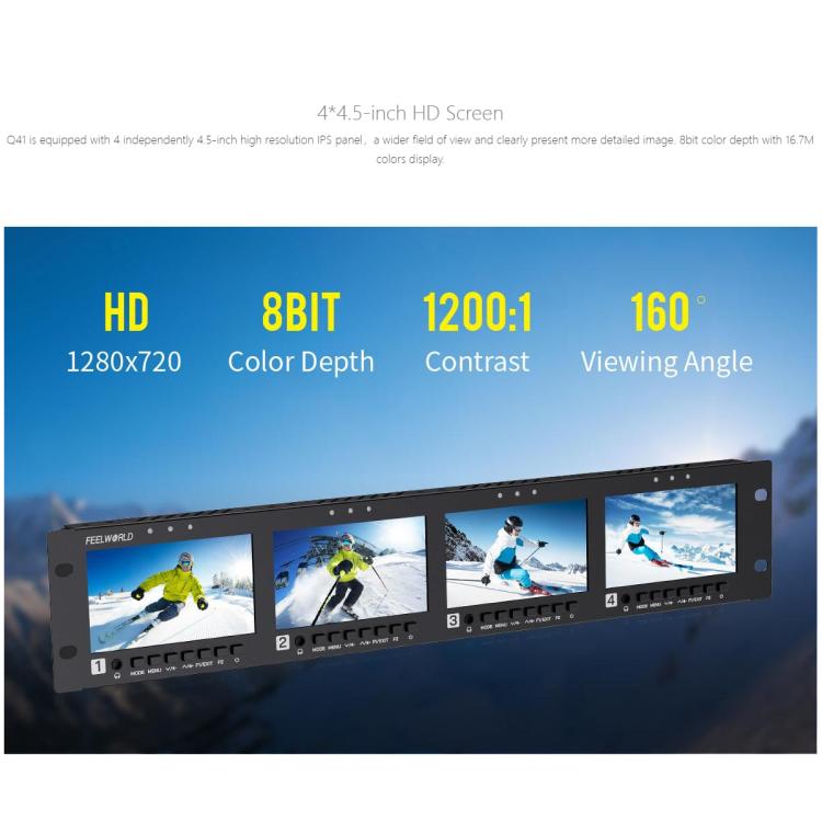 FEELWORLD Q41 Quad 4.5 inch 2RU Rackmount Monitor 3G-SDI 4K HDMI-compatible AV Input and Output, EU Plug - Black