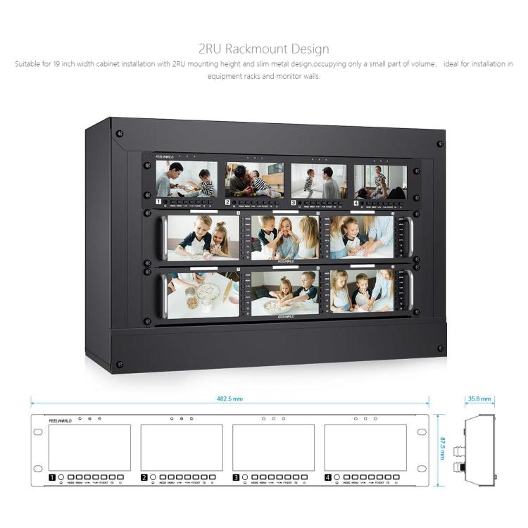 FEELWORLD Q41 Quad 4.5 inch 2RU Rackmount Monitor 3G-SDI 4K HDMI-compatible AV Input and Output, AU Plug - Black