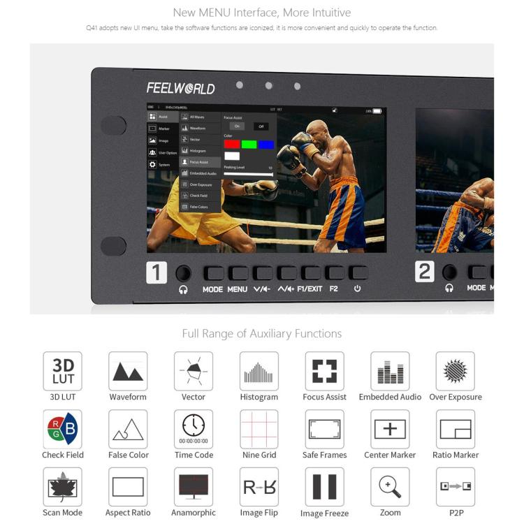 FEELWORLD Q41 Quad 4.5 inch 2RU Rackmount Monitor 3G-SDI 4K HDMI-compatible AV Input and Output, AU Plug - Black