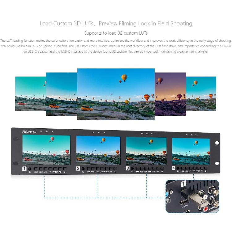 FEELWORLD Q41 Quad 4.5 inch 2RU Rackmount Monitor 3G-SDI 4K HDMI-compatible AV Input and Output, UK Plug - Black