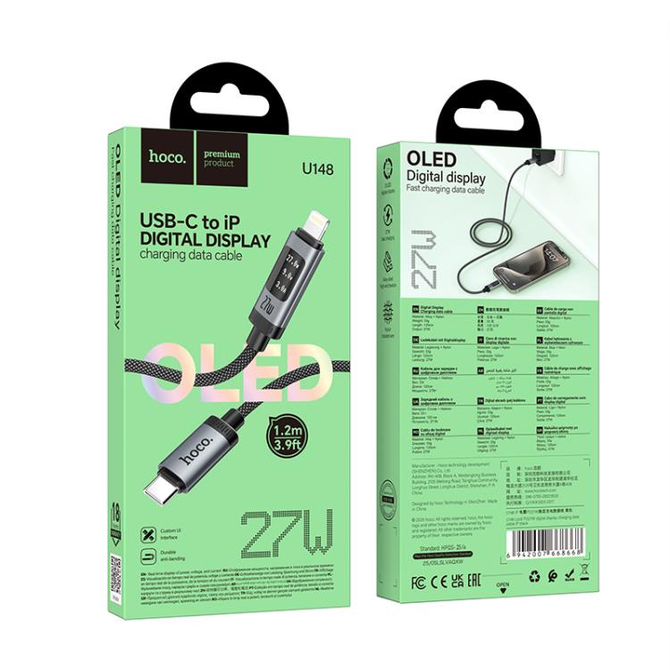 hoco U148 Lord PD27W Digital Display Type-C to 8 Pin Fast Charging Data Cable, Length: 1.2m - Black