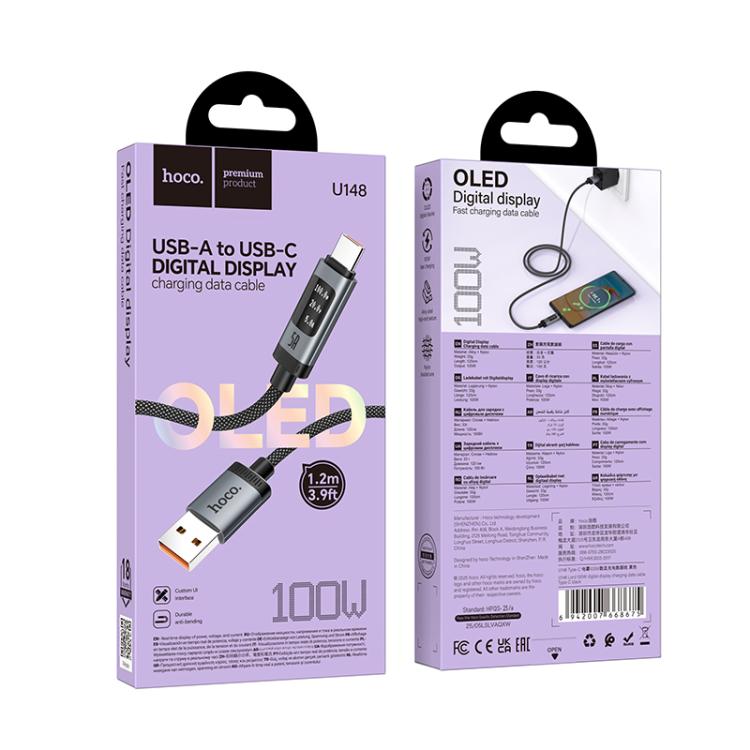 hoco U148 Lord 100W Digital Display USB to Type-C Fast Charging Data Cable, Length: 1.2m - Black