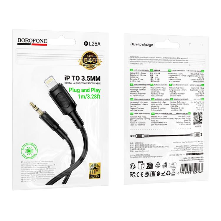 Borofone BL25A 3.5mm to 8 Pin Nice Digital AUX Audio Cable, Length: 1m - Black