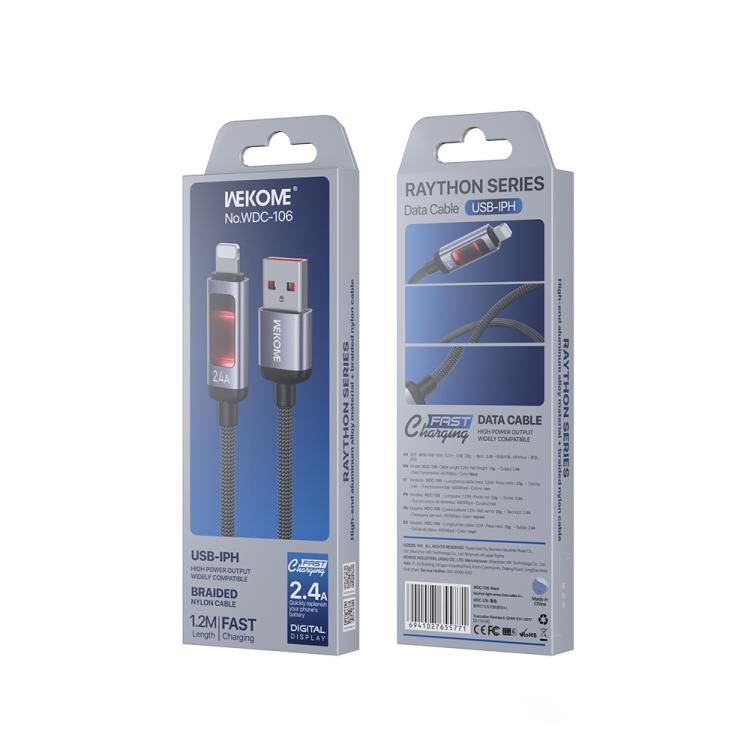 WK WDC-106 2.4A Intelligent Digital Display USB to 8 Pin Fast Charging Data Cable, Length: 1.2m - Black