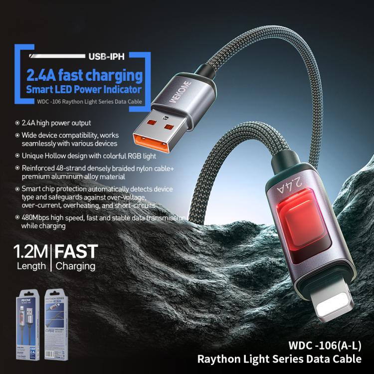 WK WDC-106 2.4A Intelligent Digital Display USB to 8 Pin Fast Charging Data Cable, Length: 1.2m - Black