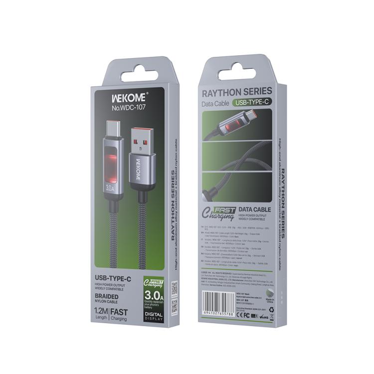 WK WDC-107 3A Intelligent Digital Display USB to Type-C Fast Charging Data Cable, Length: 1.2m - Black