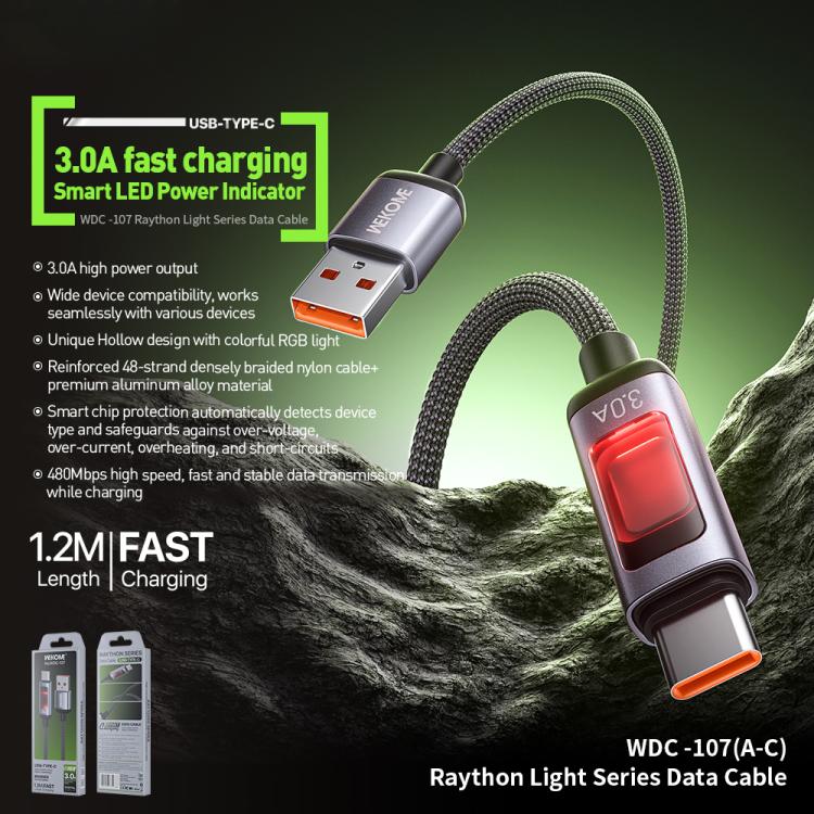 WK WDC-107 3A Intelligent Digital Display USB to Type-C Fast Charging Data Cable, Length: 1.2m - Black