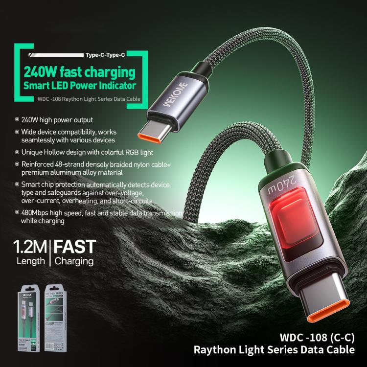 WK WDC-108 240W Intelligent Digital Display Type-C to Type-C Fast Charging Data Cable, Length: 1.2m - Black