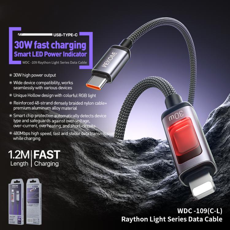 WK WDC-109 30W Intelligent Digital Display Type-C to 8 Pin Fast Charging Data Cable, Length: 1.2m - Black