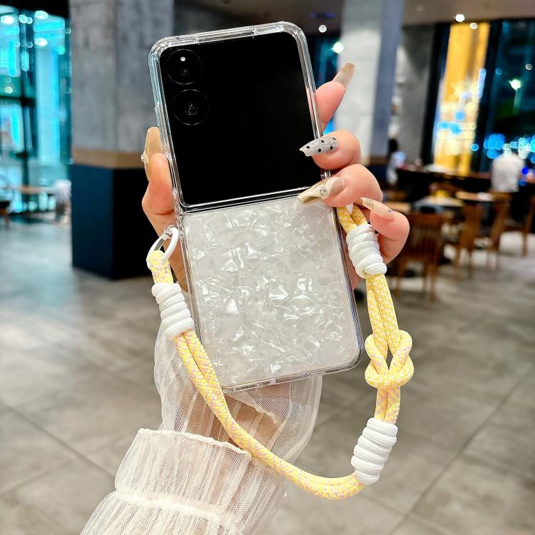 For Xiaomi Mix Flip 2 Pearlescent Shell Texture Side Buckle Phone Case with Rainbow Bracelet