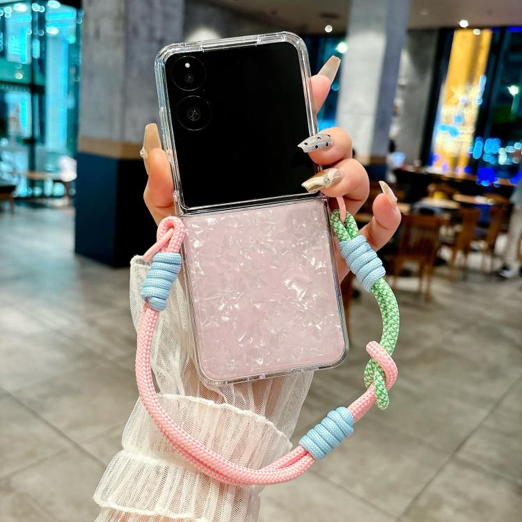 For Xiaomi Mix Flip 2 Pearlescent Shell Texture Side Buckle Phone Case with Rainbow Bracelet