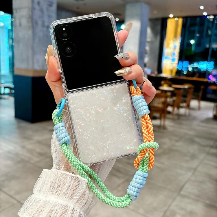 For Xiaomi Mix Flip 2 Pearlescent Shell Texture Side Buckle Phone Case with Rainbow Bracelet