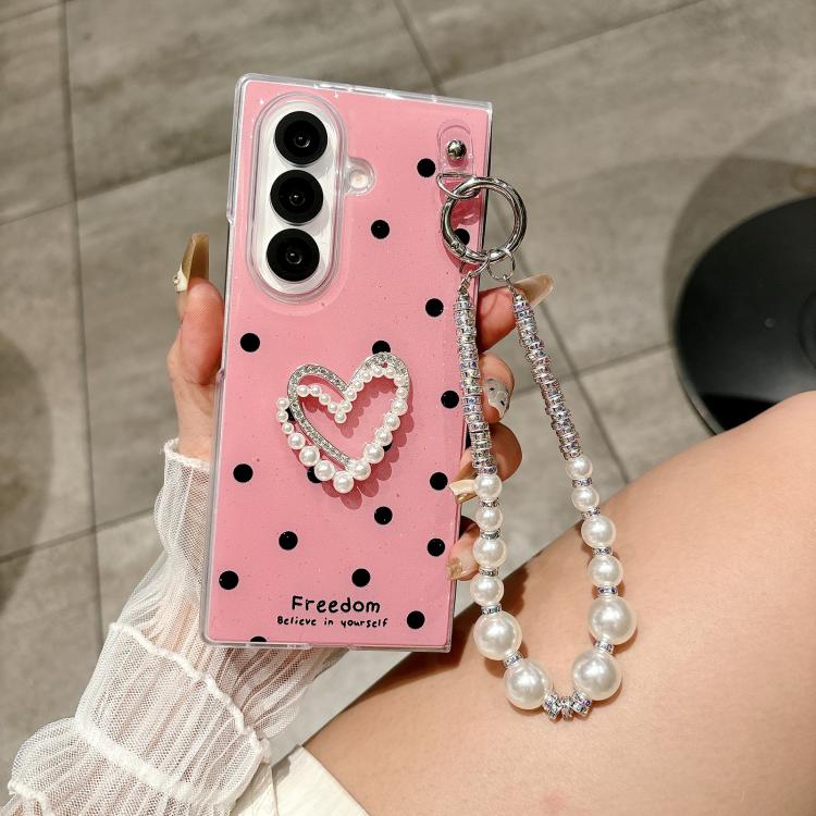 For Samsung Galaxy Z Fold4 5G Glitter Polka Dot DIY Heart Phone Case with Bracelet
