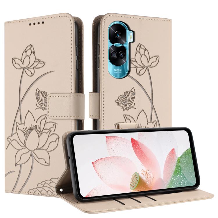 For Honor 90 Lite / X50i Lotus Embossed Leather Phone Case with Lanyard