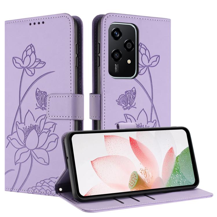 For Honor 200 Lite Global Lotus Embossed Leather Phone Case with Lanyard