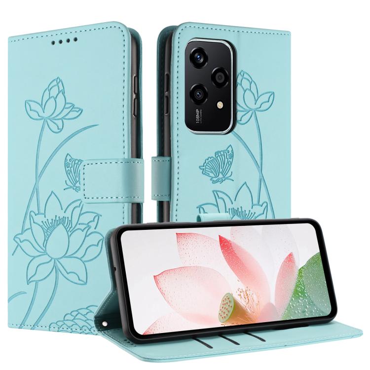 For Honor 200 Lite Global Lotus Embossed Leather Phone Case with Lanyard