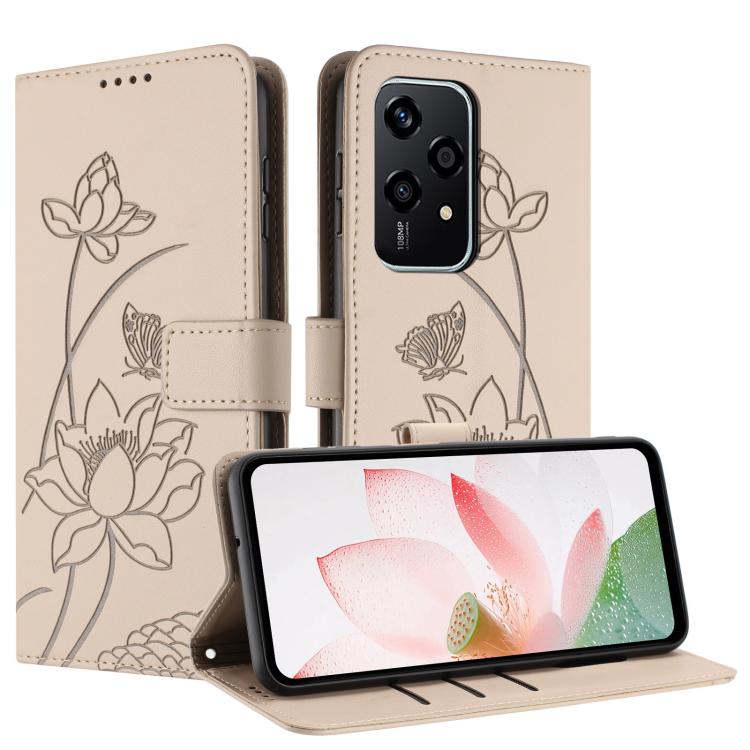 For Honor 200 Lite Global Lotus Embossed Leather Phone Case with Lanyard