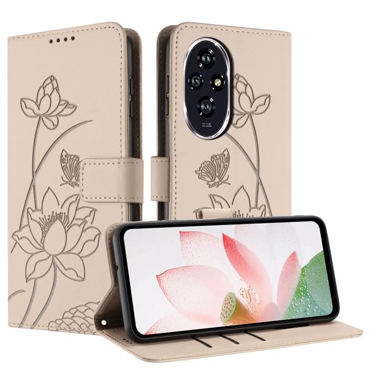 For Honor 200 Pro Lotus Embossed Leather Phone Case with Lanyard