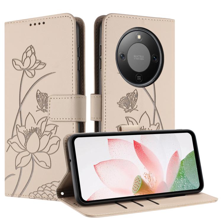 For Honor X70 5G Lotus Embossed Leather Phone Case with Lanyard