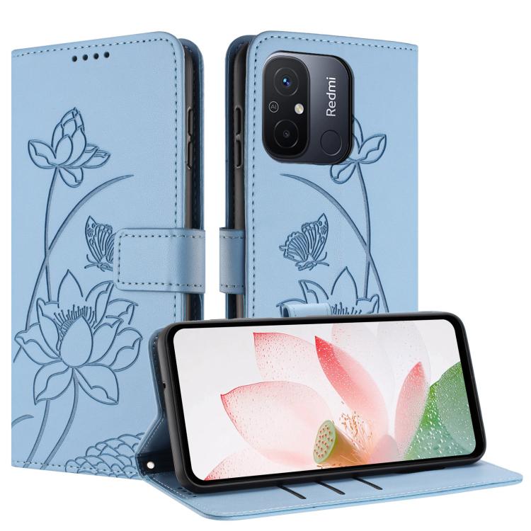 For Redmi 11A / Poco C55 Lotus Embossed Leather Phone Case with Lanyard