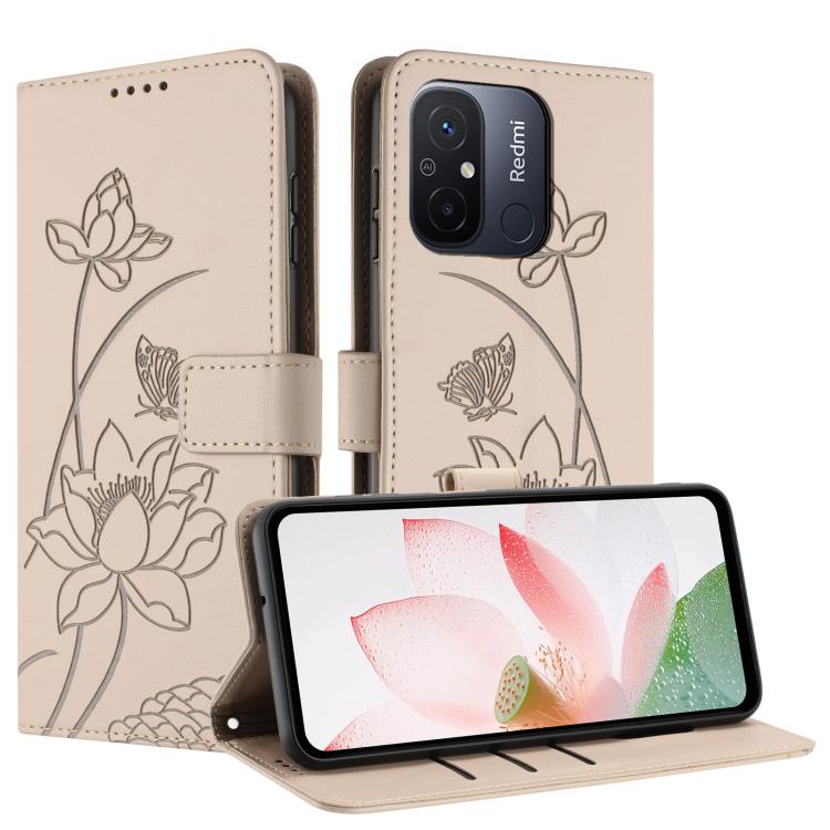 For Redmi 11A / Poco C55 Lotus Embossed Leather Phone Case with Lanyard