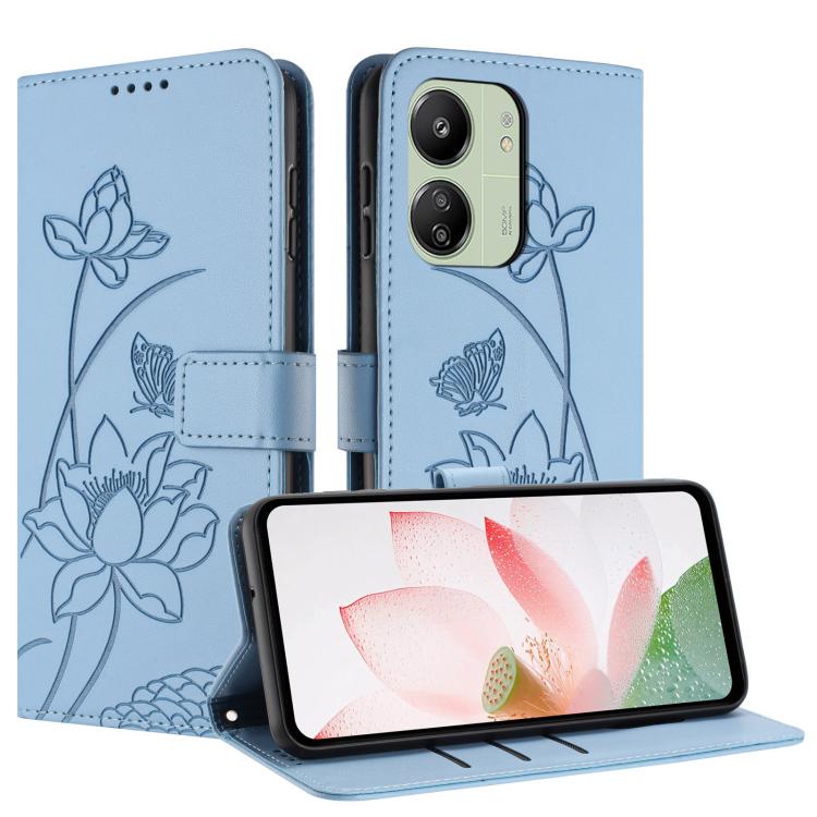 For Redmi 13C 4G / 5G / 13R / Poco M6 5G Lotus Embossed Leather Phone Case with Lanyard