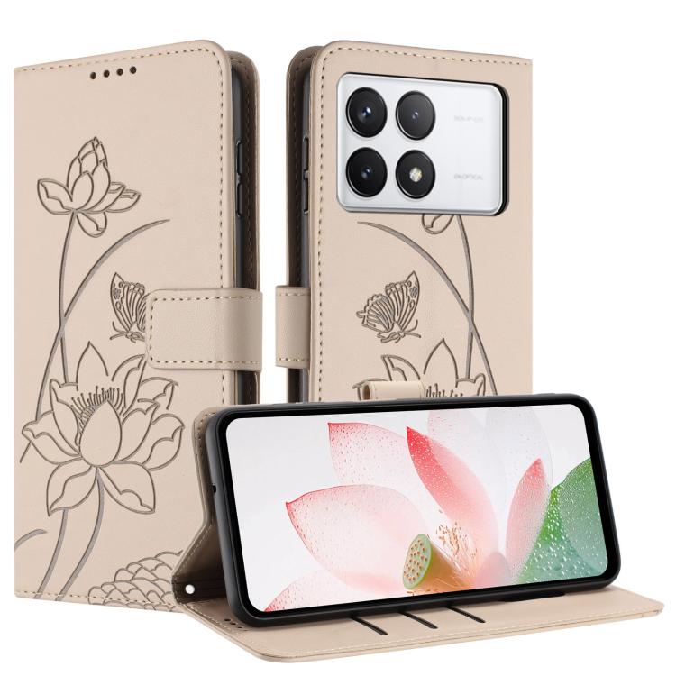 For Redmi K70E / Poco  X6 Pro Lotus Embossed Leather Phone Case with Lanyard