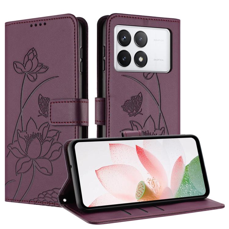 For Redmi K70E / Poco  X6 Pro Lotus Embossed Leather Phone Case with Lanyard