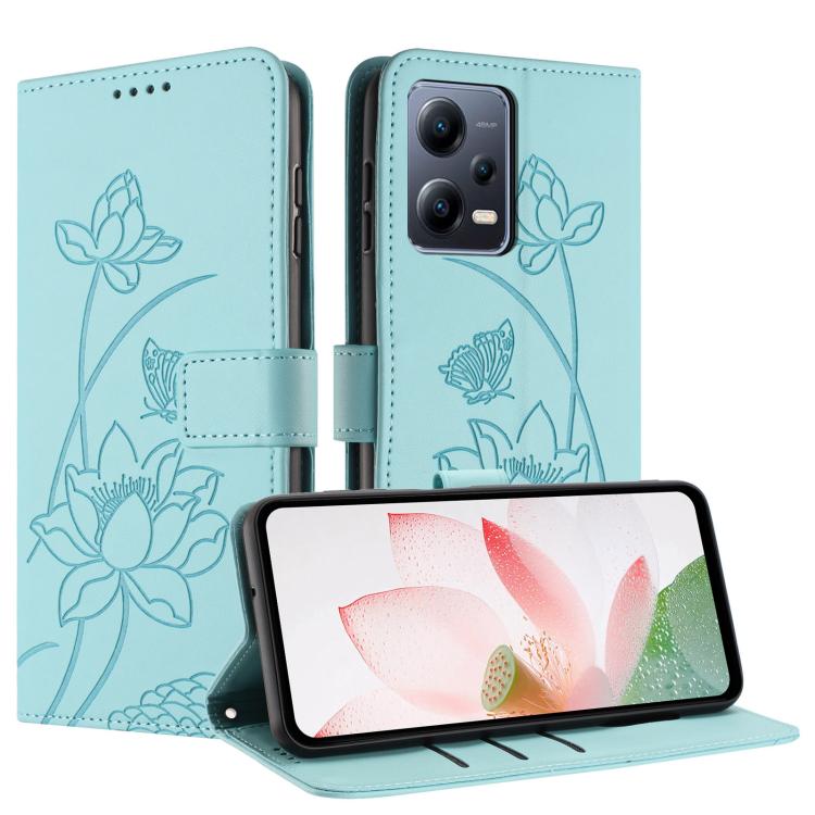 For Redmi Note 12 5G Global / Poco X5 Lotus Embossed Leather Phone Case with Lanyard
