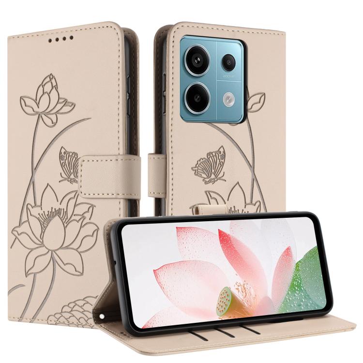 For Redmi Note 13 5G Global Lotus Embossed Leather Phone Case with Lanyard