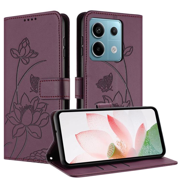 For Redmi Note 13 5G Global Lotus Embossed Leather Phone Case with Lanyard
