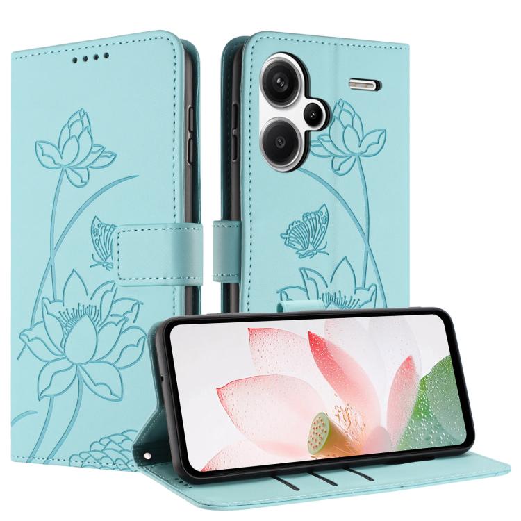 For Redmi Note 13 Pro+ Global Lotus Embossed Leather Phone Case with Lanyard