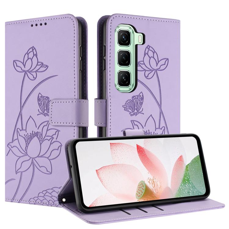 For Infinix Hot 60 Pro 4G Lotus Embossed Leather Phone Case with Lanyard