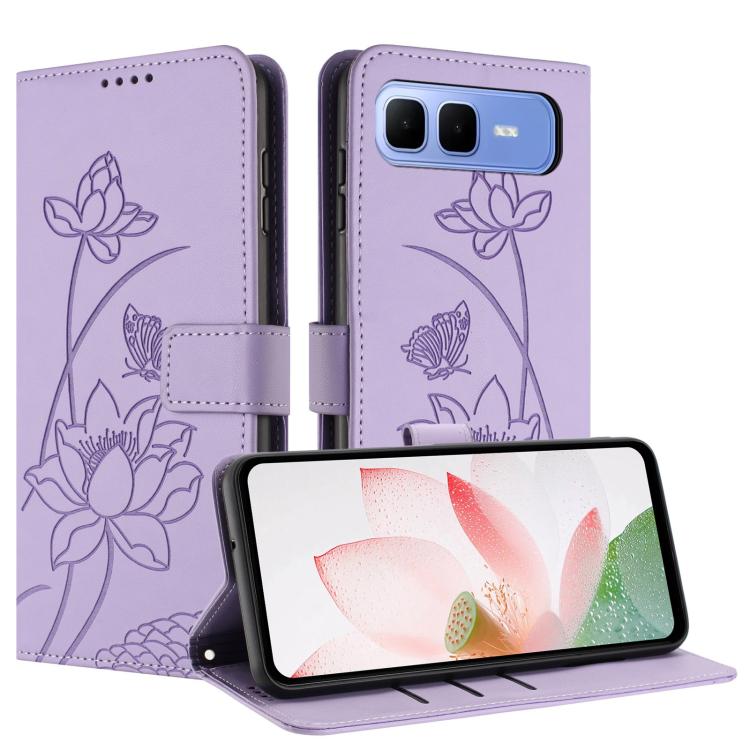 For Infinix Smart 10 Plus Lotus Embossed Leather Phone Case with Lanyard